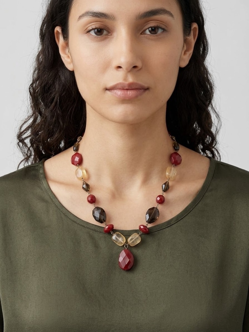 Faceted Red Smoky Brown Yellow Beaded Statement Pendant Necklace